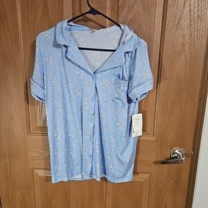 Light Blue Floral Womens Button-Up Pajama Shirt